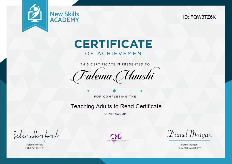 Teaching Adults to Read Certificate Teaching Adults to Read Certificate
