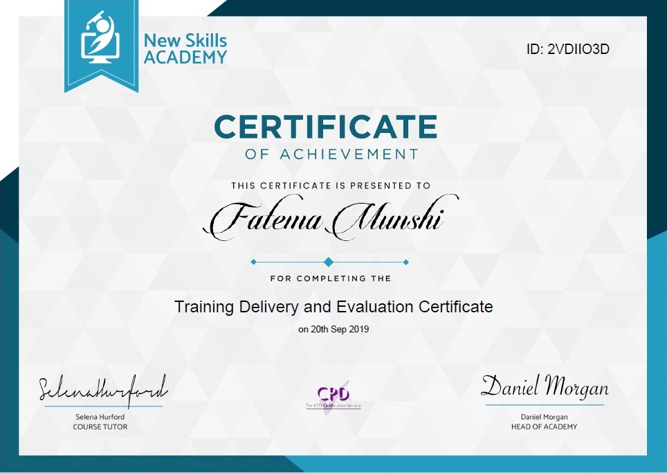 Training Delivery and Evaluation Certificate Training Delivery and Evaluation Certificate